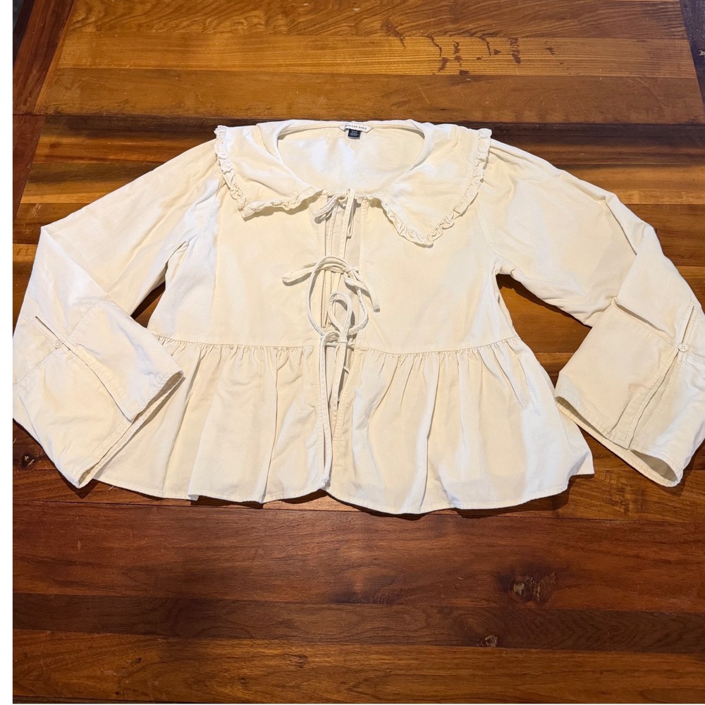 American Eagle Cream Corduroy Tie Front Ruffle Collar Babydoll Top Medium